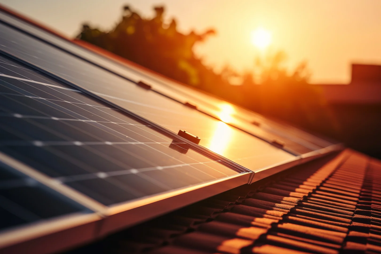 Solarmodule auf einem Ziegeldach bei Sonnenuntergang